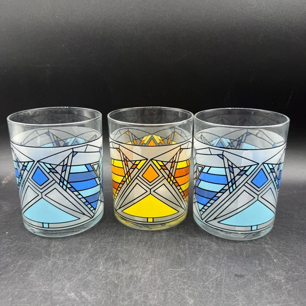Frank Lloyd Wright MoMA Butterfly Window Glass Set of 3 Blue Yellow Whiskey - Picture 5 of 9